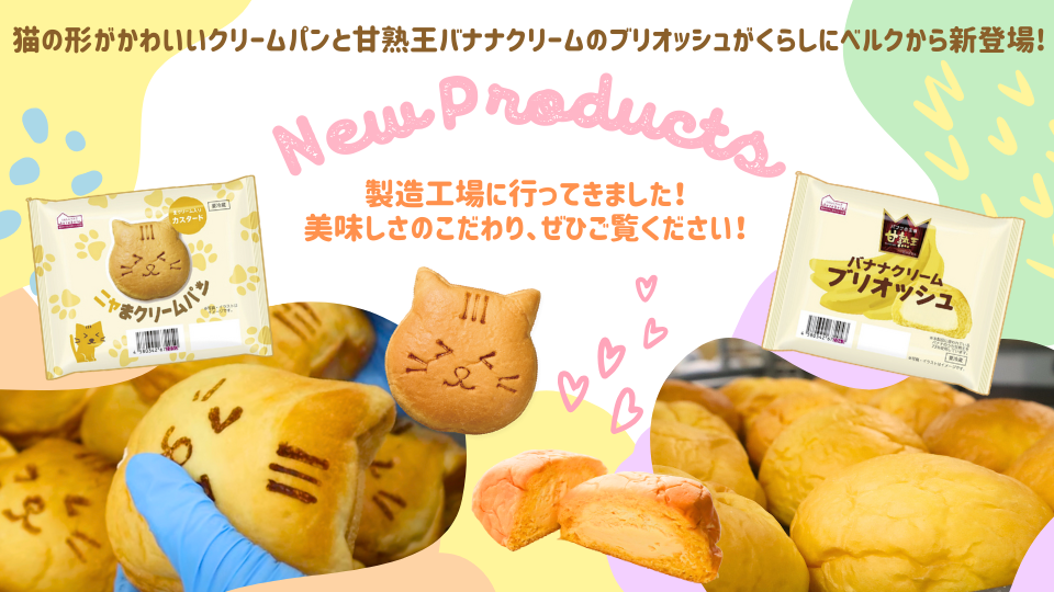 猫の形がかわいいクリームパンと甘熟王バナナクリームのブリオッシュがくらしにベルクから新登場！